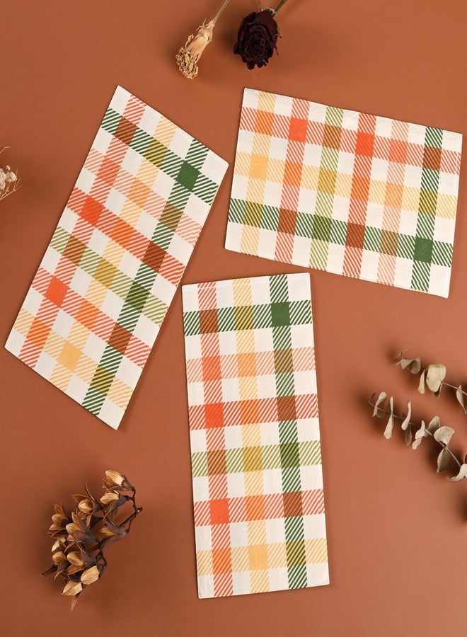 Elyxio 100 Fall Plaid Paper Napkins Autumn Colors Paper Hand Towels Thanksgiving Harvest Disposable Party Napkins Modern Farmhouse Orange Green Check Decorative Napkins for Party Supplies - Image 3